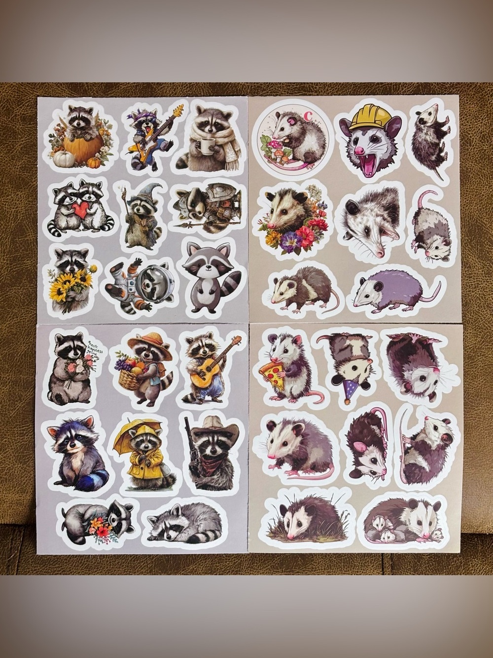 Opossum & Raccoon Stickers -  4 separate sheets, 2 of each. 33 stickers!  3x3in